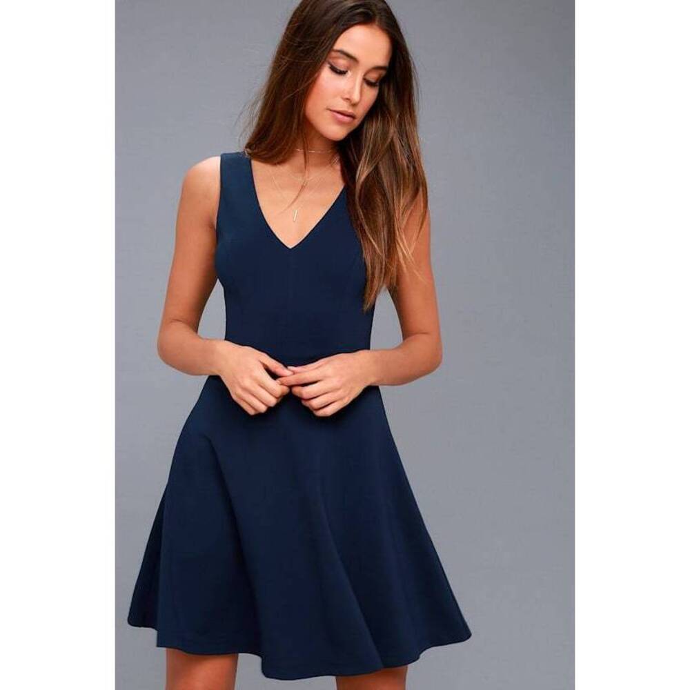 Lulus Bon Appetit Navy Blue Skater Dress - Size XS